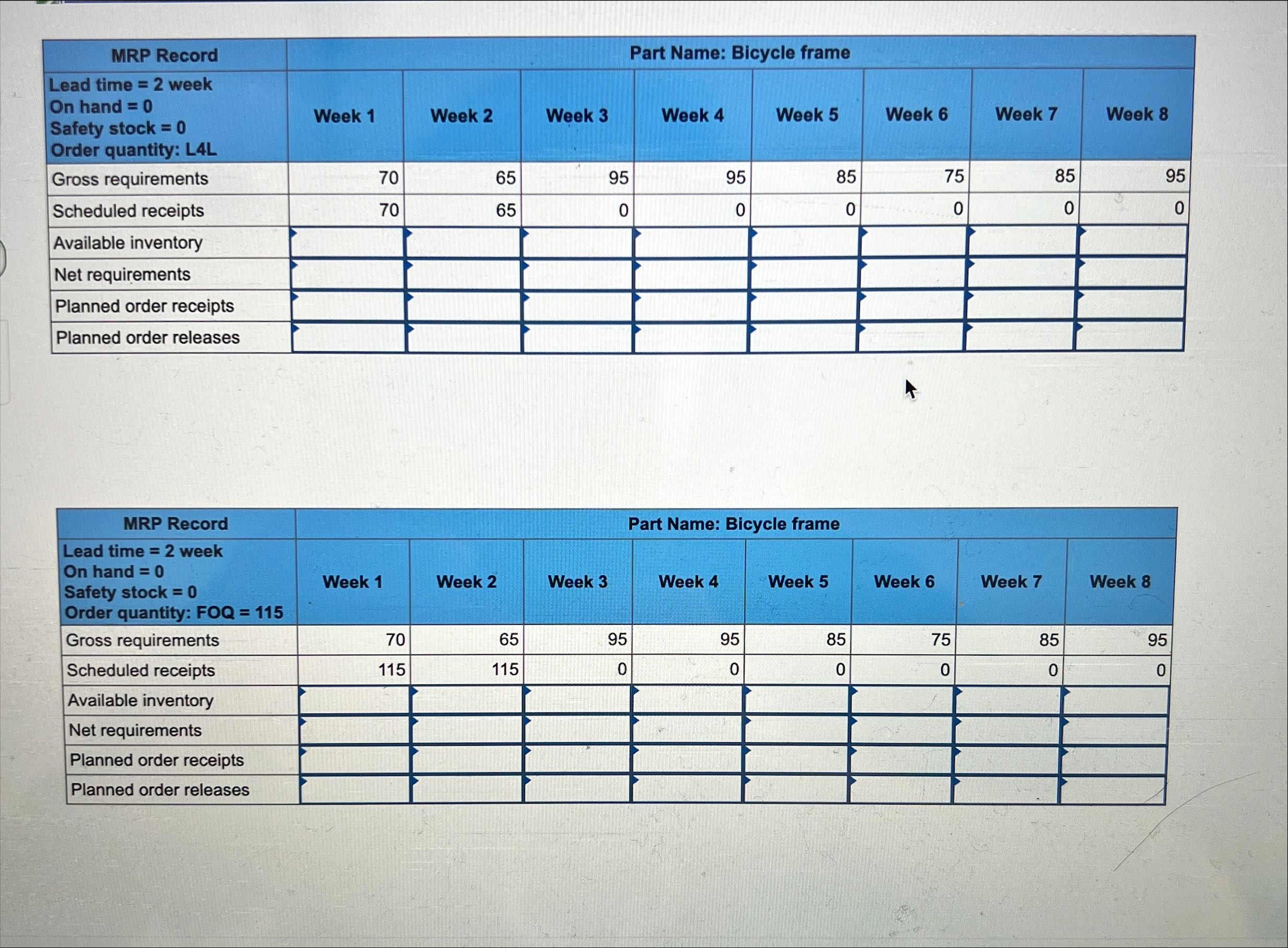 Complete the MRP record for a bicycle frame using a L4L lot-sizing