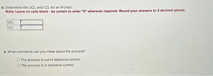 decimal places. d. Determine the UCL and LCL for an R-chart. Note: