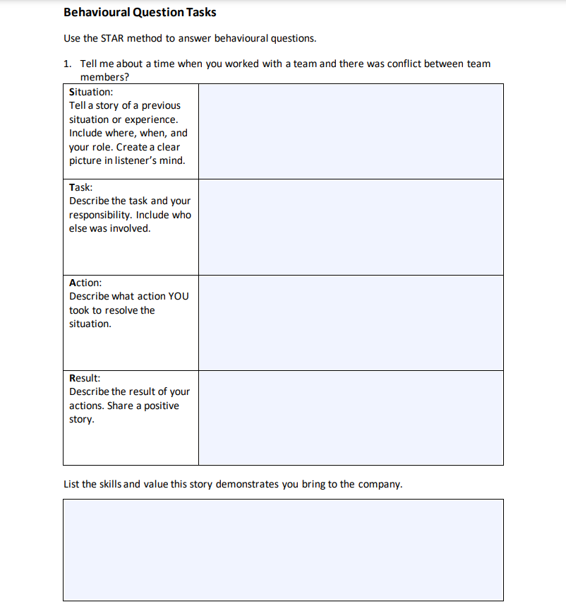 Behavioural Question Tasks ....