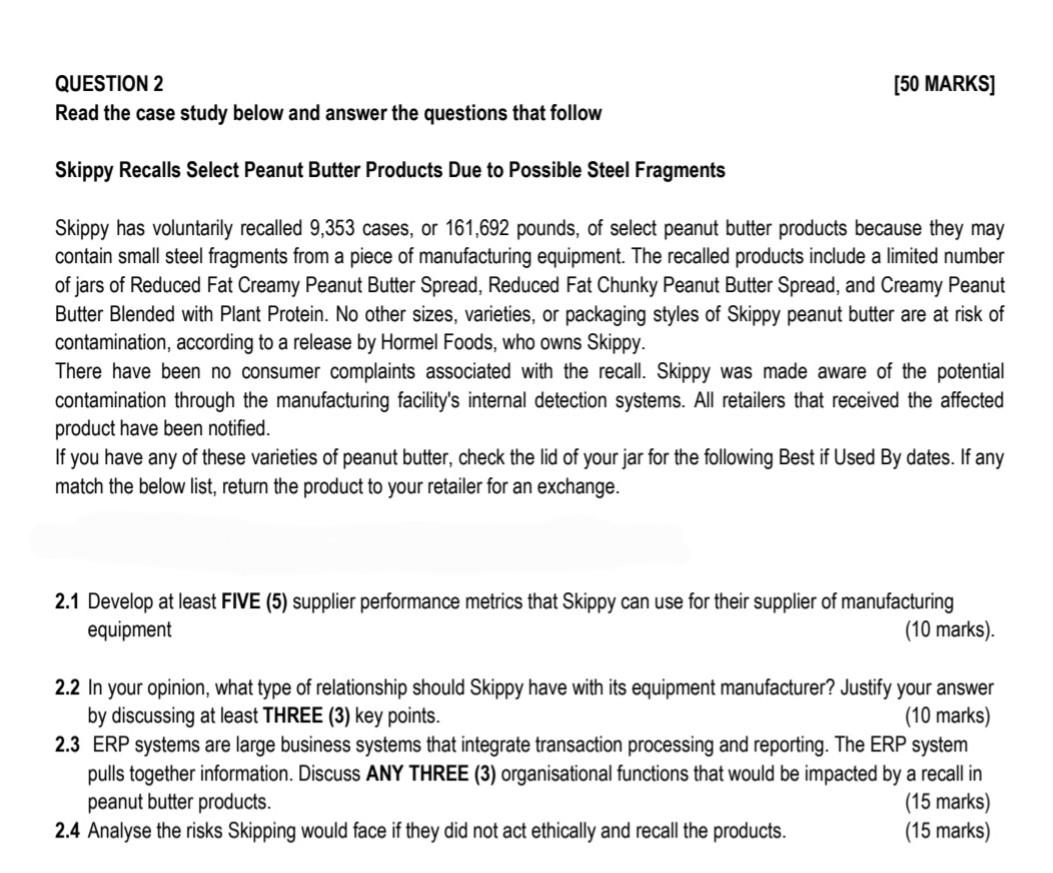  QUESTION 2 [50 MARKS] Read the case study below and answer