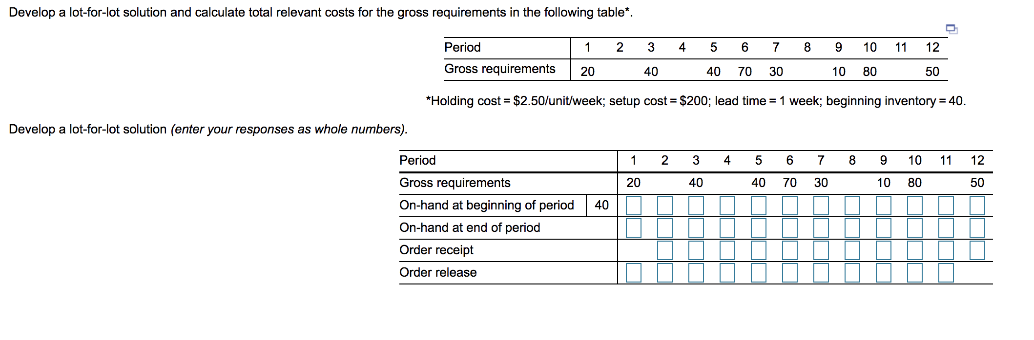 Homework help Develop a lot-for-lot solution and calculate total relevant costs for