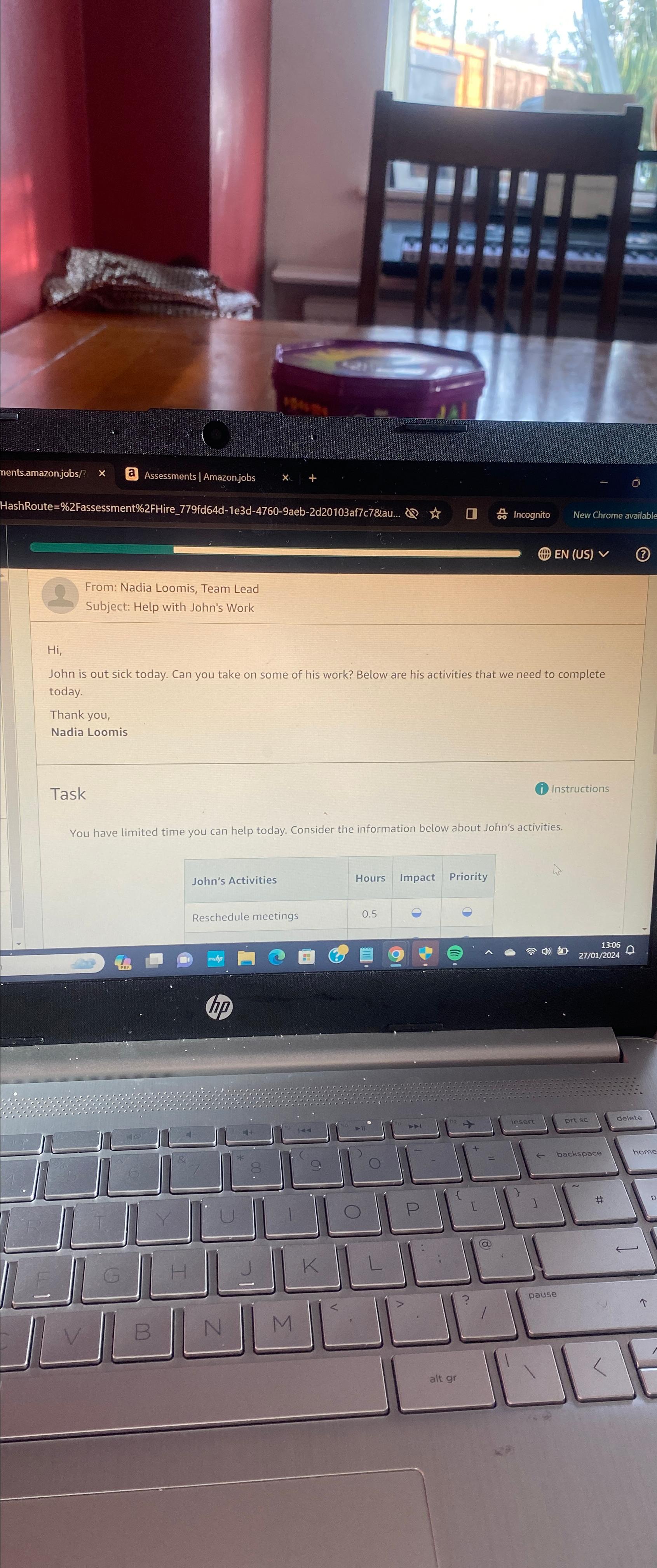  From: Nadia Loomis, Team Lead Subject: Help with John's Work Hi,