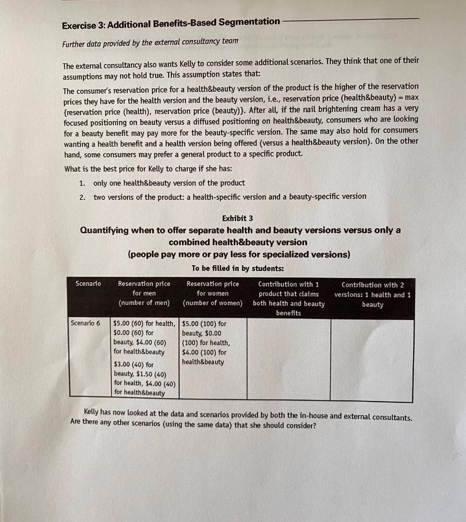 Fill in table with explanation/ formula please. Exercise 3: Additional Benefits-Based Segmentation