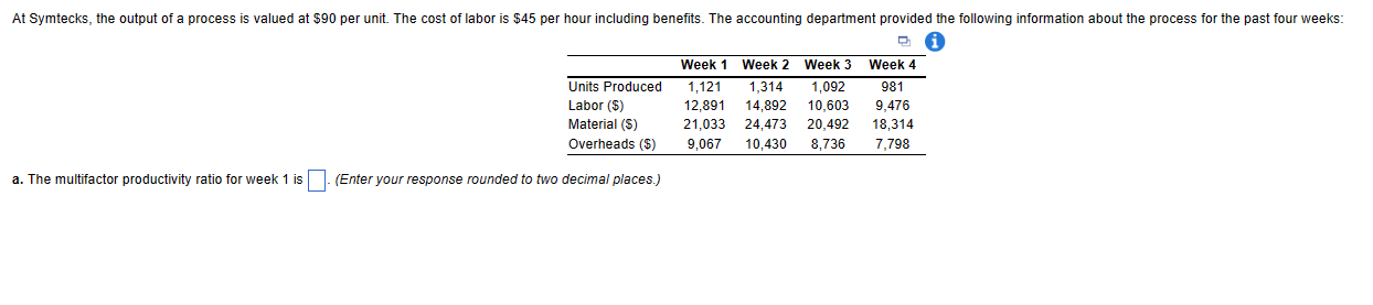 a. The multifactor productivity ratio for week 1 is (Enter your