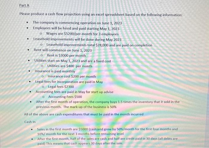  Please produce a cash flow projection using an excel spreadsheet based