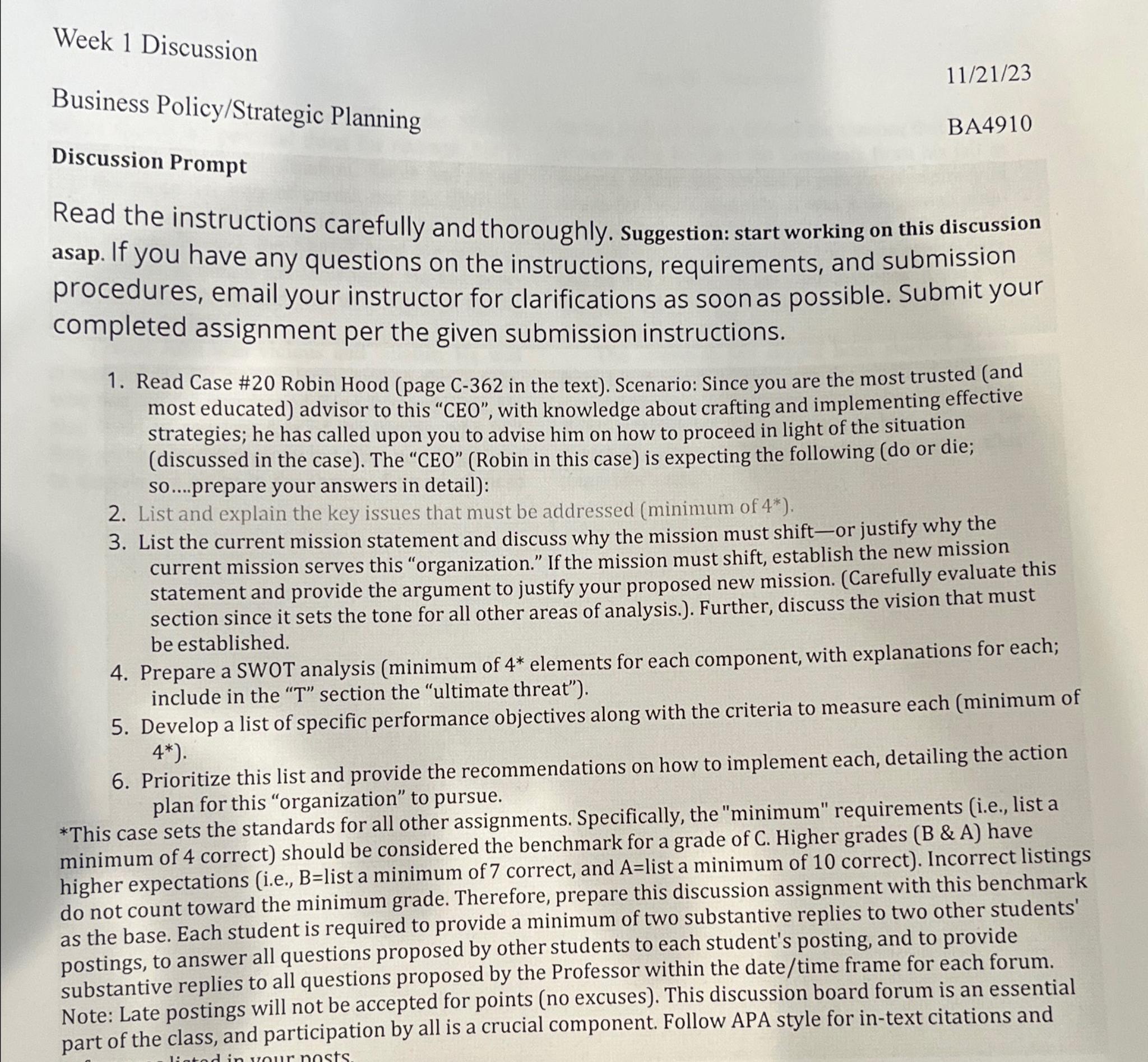  Week 1 Discussion 1121?23 Business Policy/Strategic Planning BA4910 Discussion Prompt Read