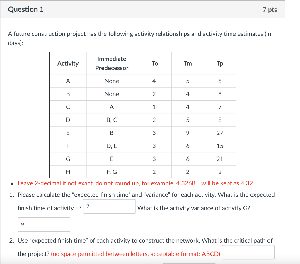  A future construction project has the following activity relationships and activity