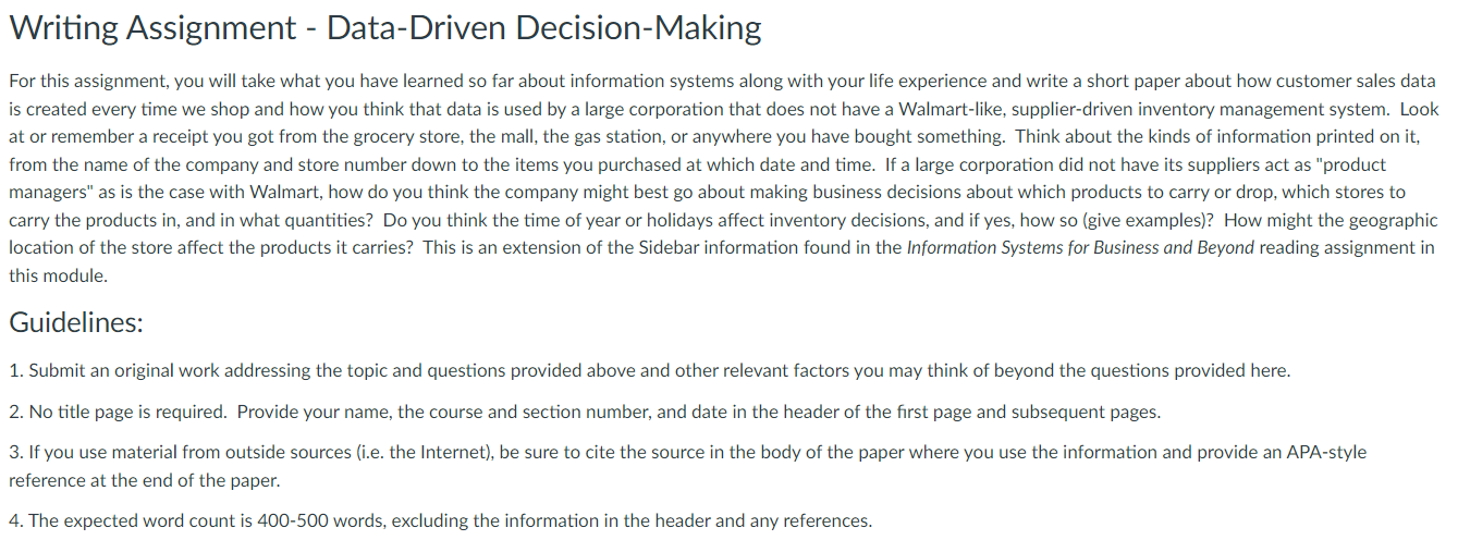 Writing Assignment - Data-Drven Decson-Makng For this assignment, you will take