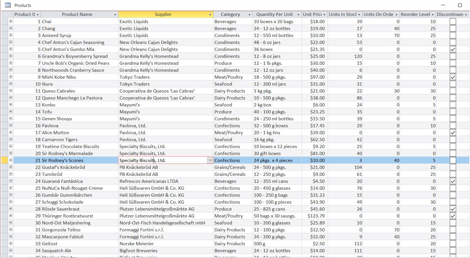 1) Create a form based on the Products data with a Category