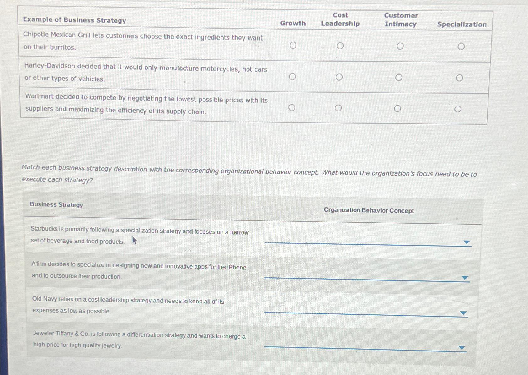  \table[[Example of Business Strategy,Growth],[\table[[Chipotie Mexican Grill lets customers choose the exact