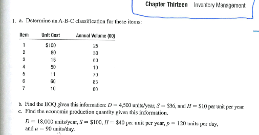  Chapter Thirteen Imventory Management a. Determine an A-B-C classification for these