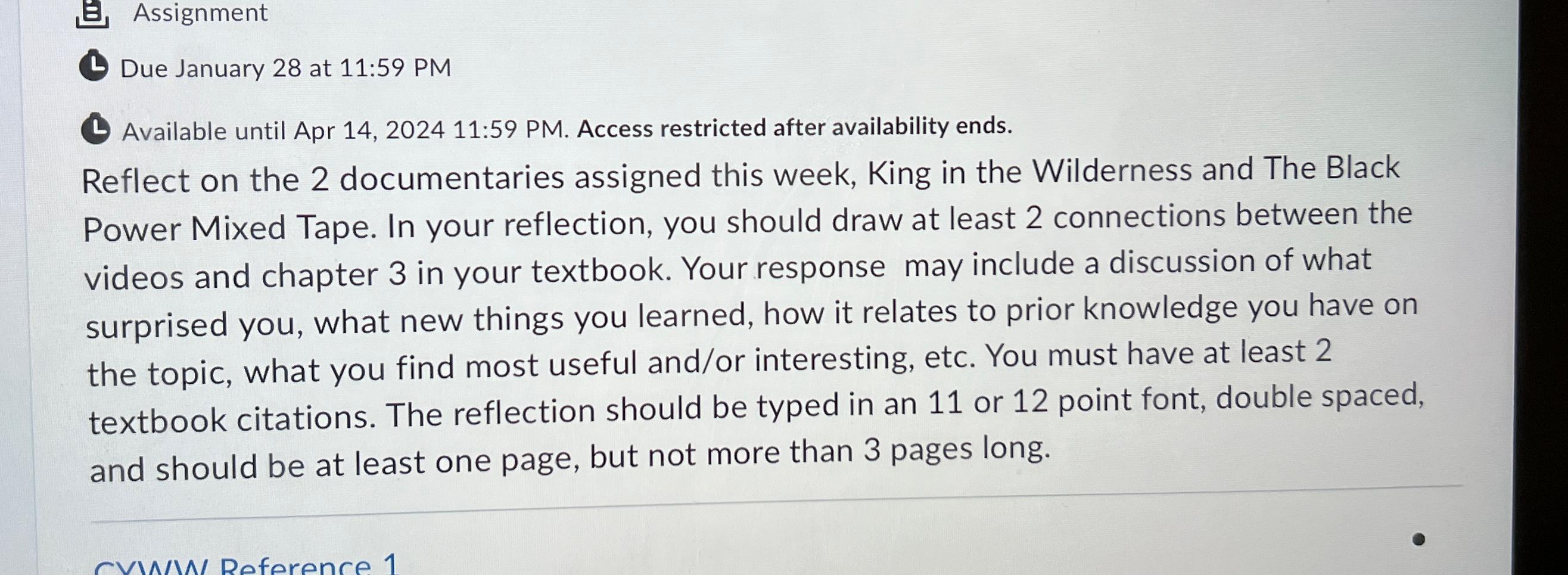  Assignment Due January 28 at 11:59 PM Available until Apr 14,202411:59