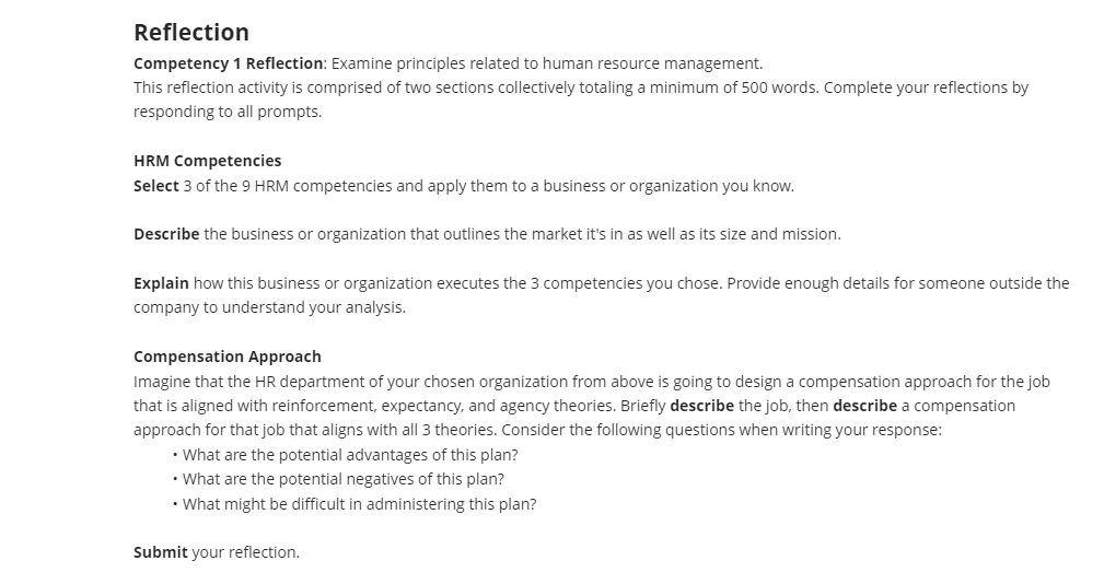 Reflection Competency 1 Reflection: Examine principles related to human resource management.
