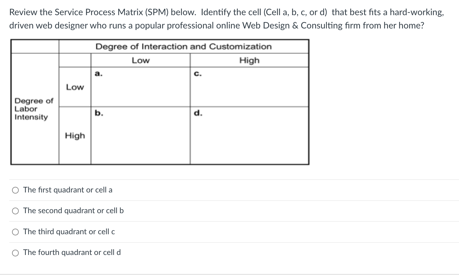Review the Service Process Matrix (SPM) below. Identify the cell (Cell a,