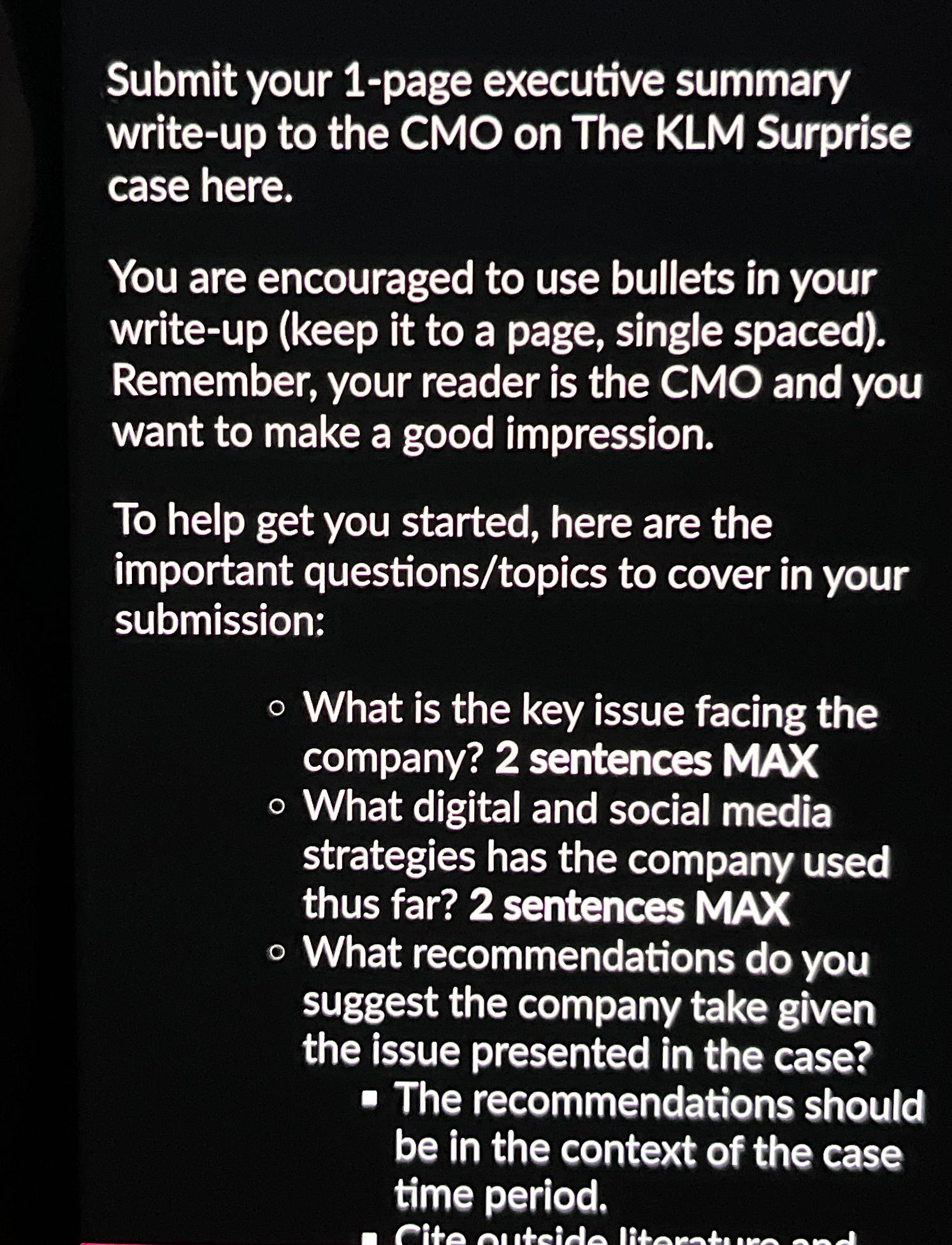  Submit your 1-page executive summary write-up to the CMO on The