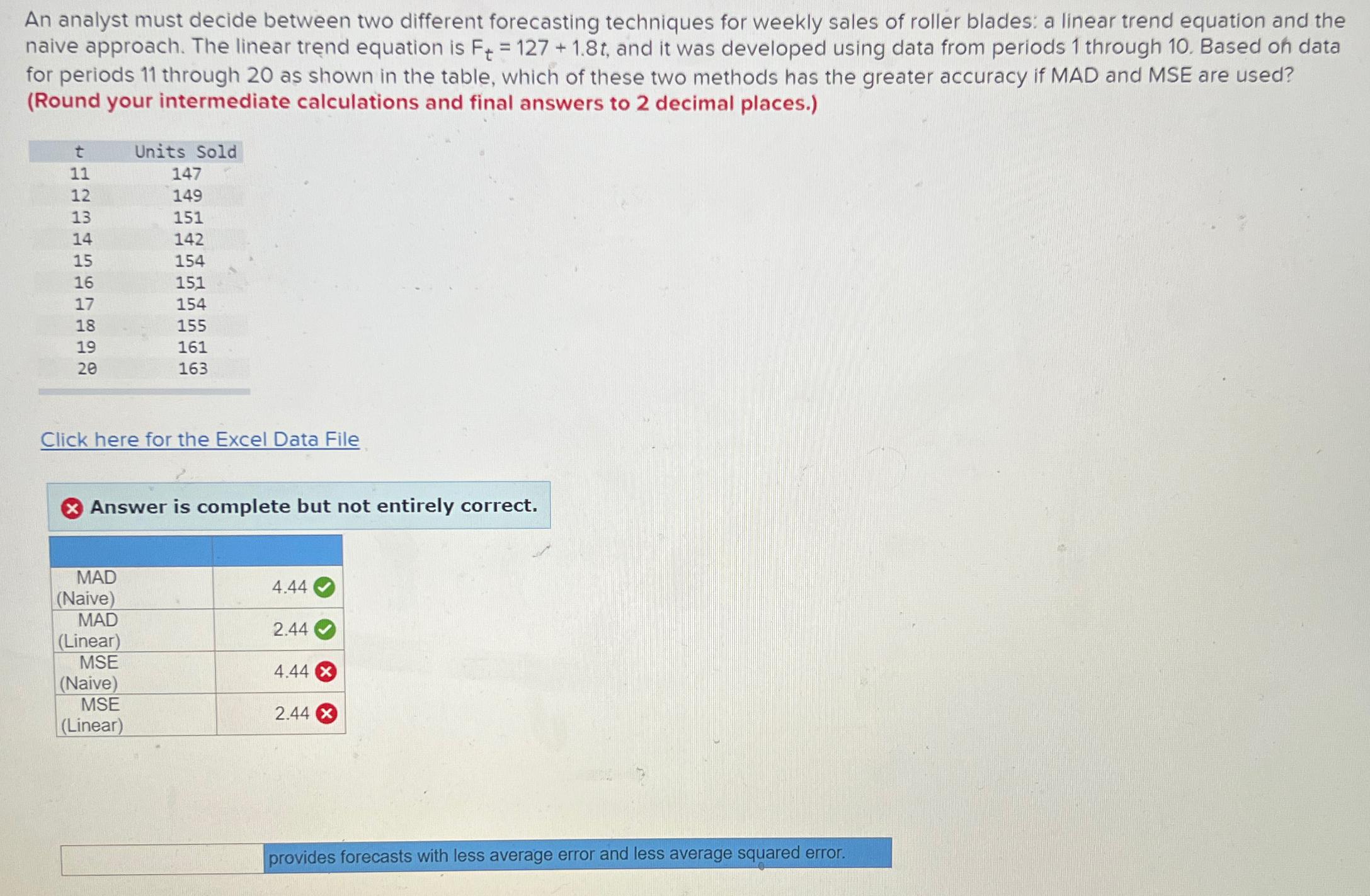 An analyst must decide between two different forecasting techniques for weekly