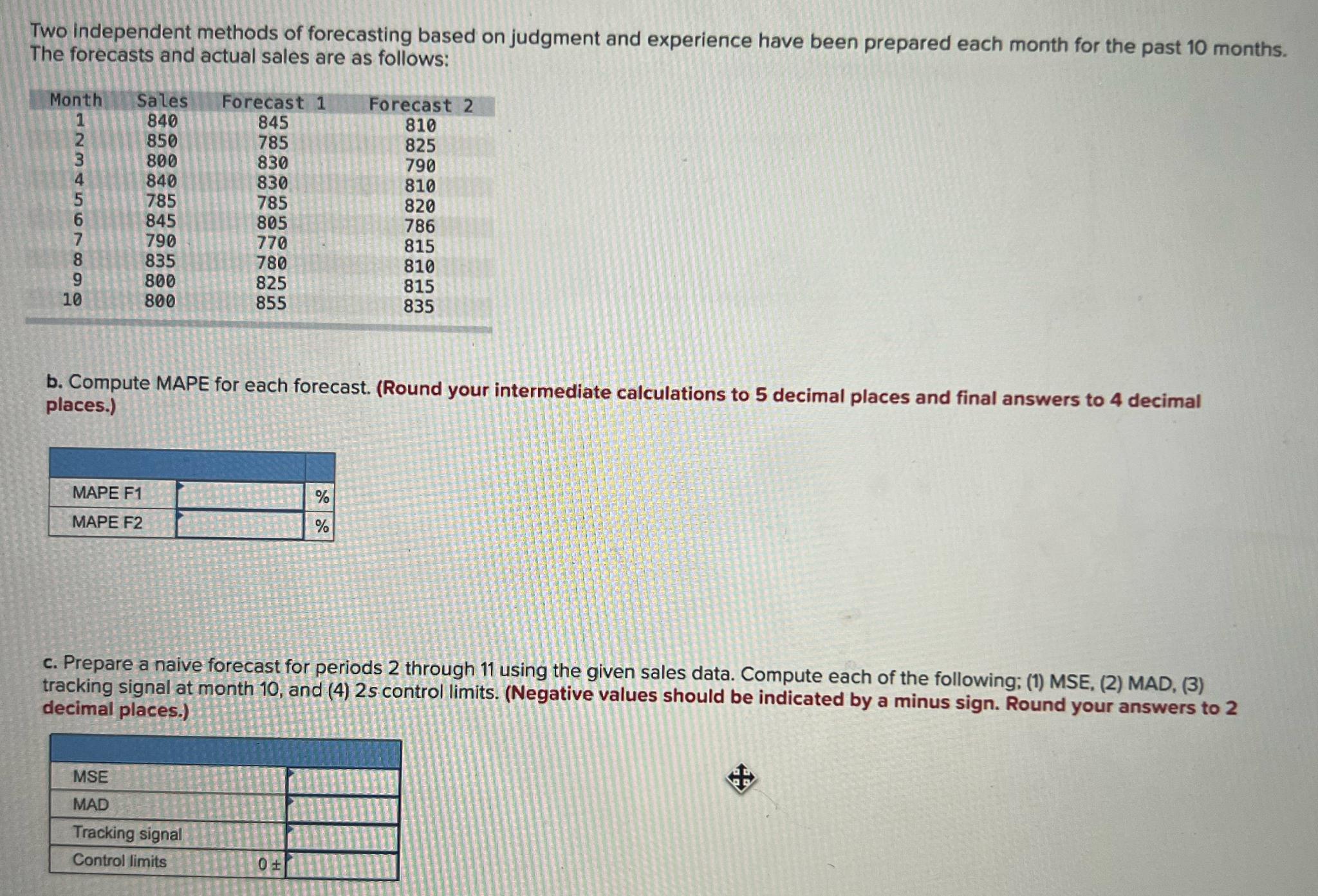  \table[[,MSE,MAD],[Forecast,1,382.50ox,7.50ox Two independent methods of forecasting based on judgment and experience