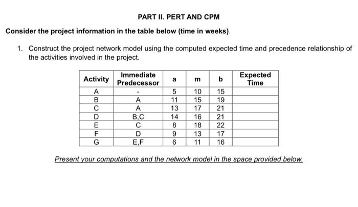  Consider the project information in the table below (time in weeks).
