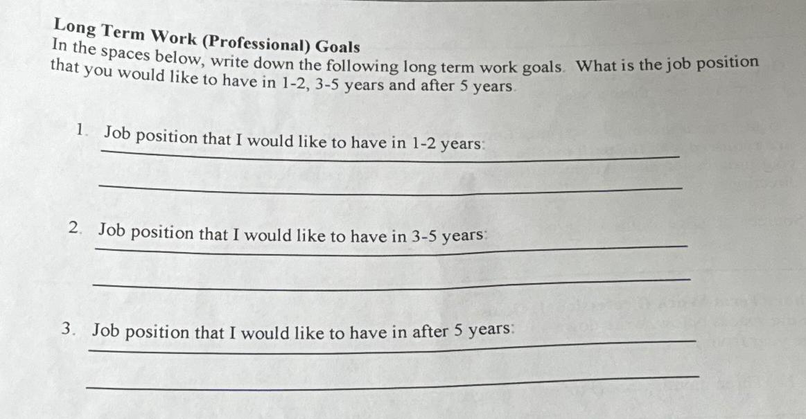  Long Term Work (Professional) Goals In the spaces below, write down
