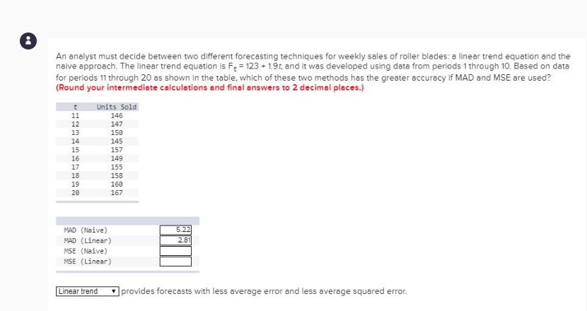  An analyst must decide between two different forecasting techniques for weekly
