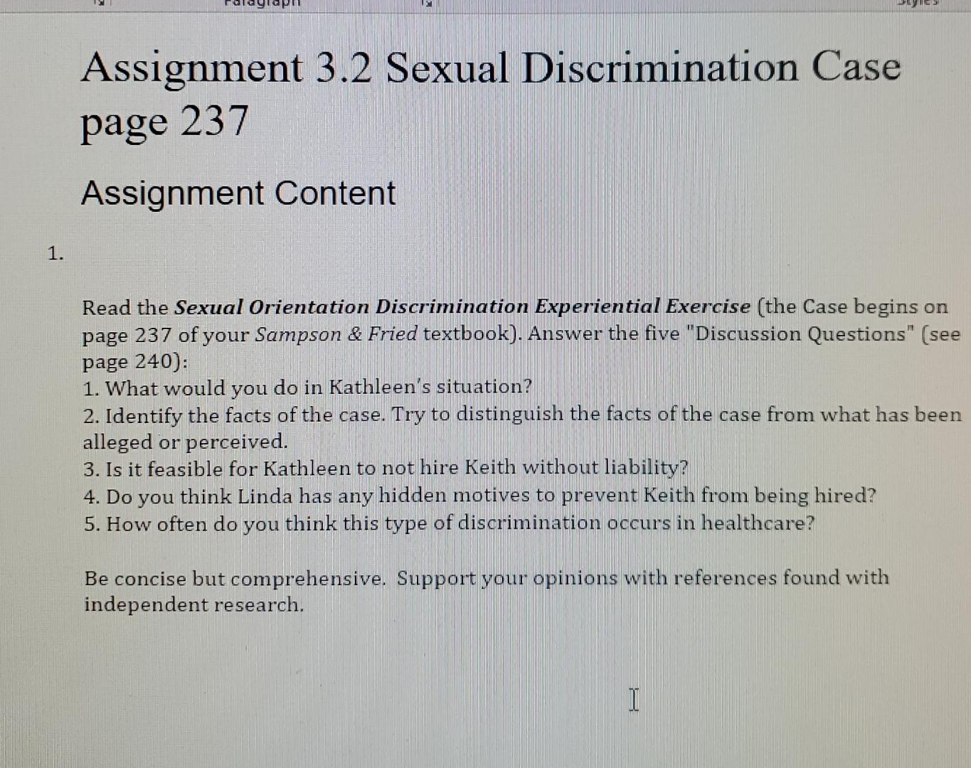 Assignment 3.2 Sexual Discrimination Case page 237 Assignment Content 1. Read