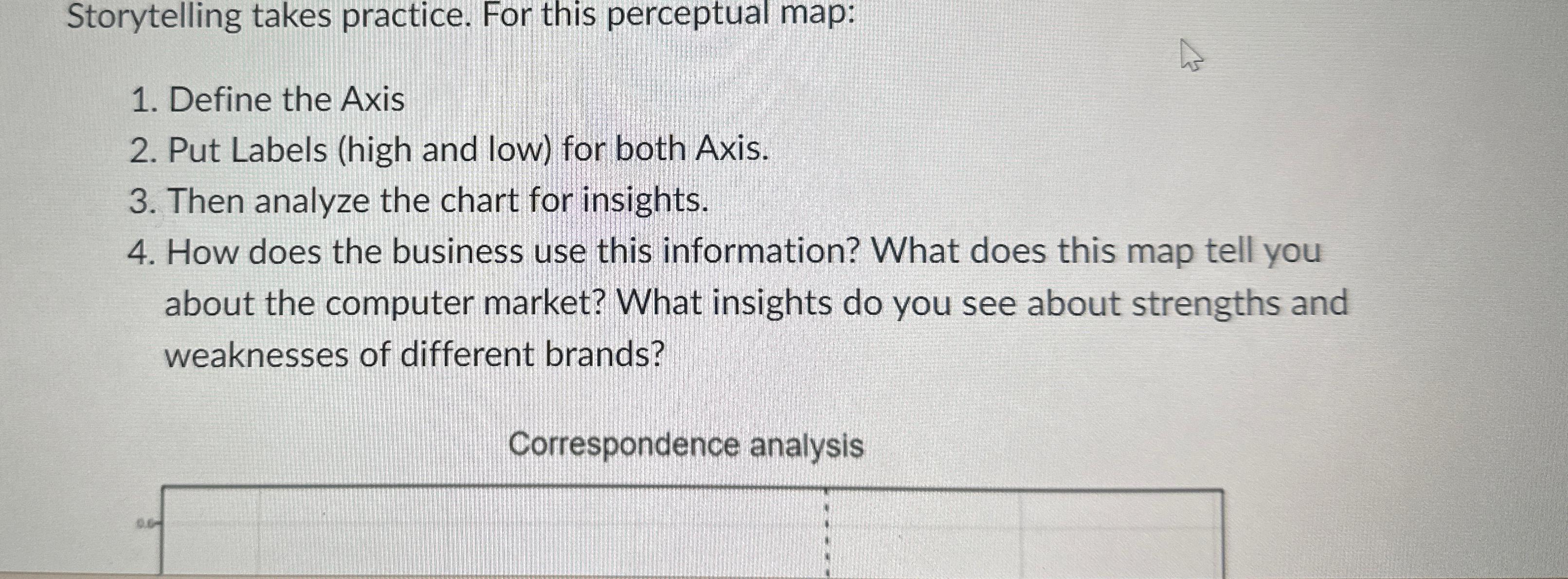  Storytelling takes practice. For this perceptual map: Define the Axis Put