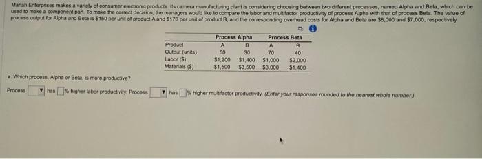  a. Which process, Apha or Beta, as more productive? Process has
