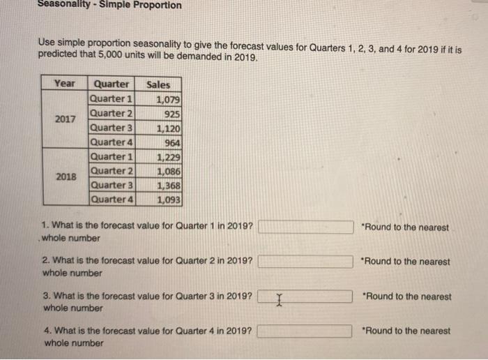  Use simple proportion seasonality to give the forecast values for Quarters