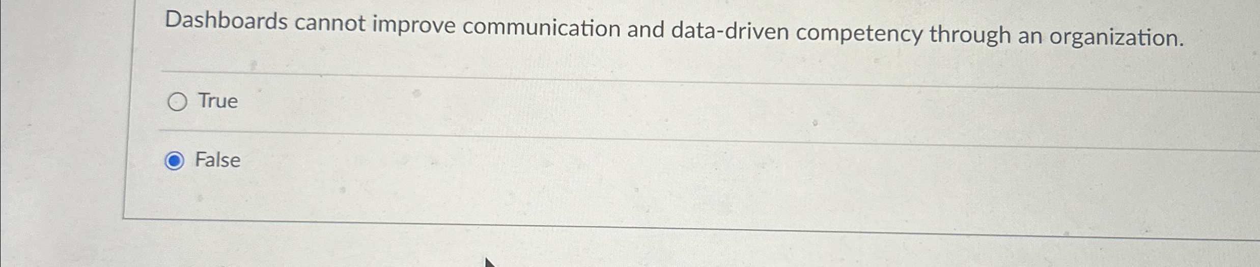  Dashboards cannot improve communication and data-driven competency through an organization. q,