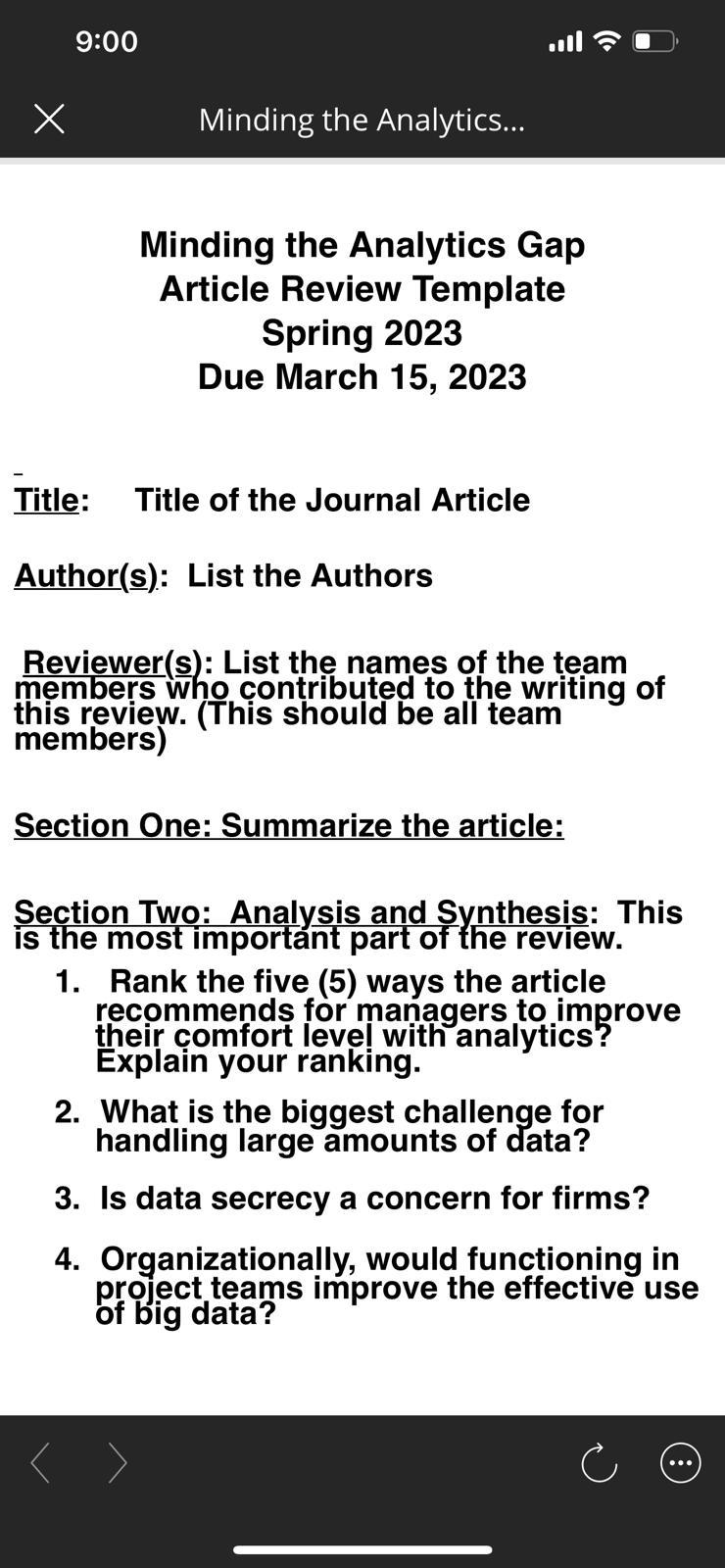  Minding the Analytics Gap Article Review Template Spring 2023 Due March
