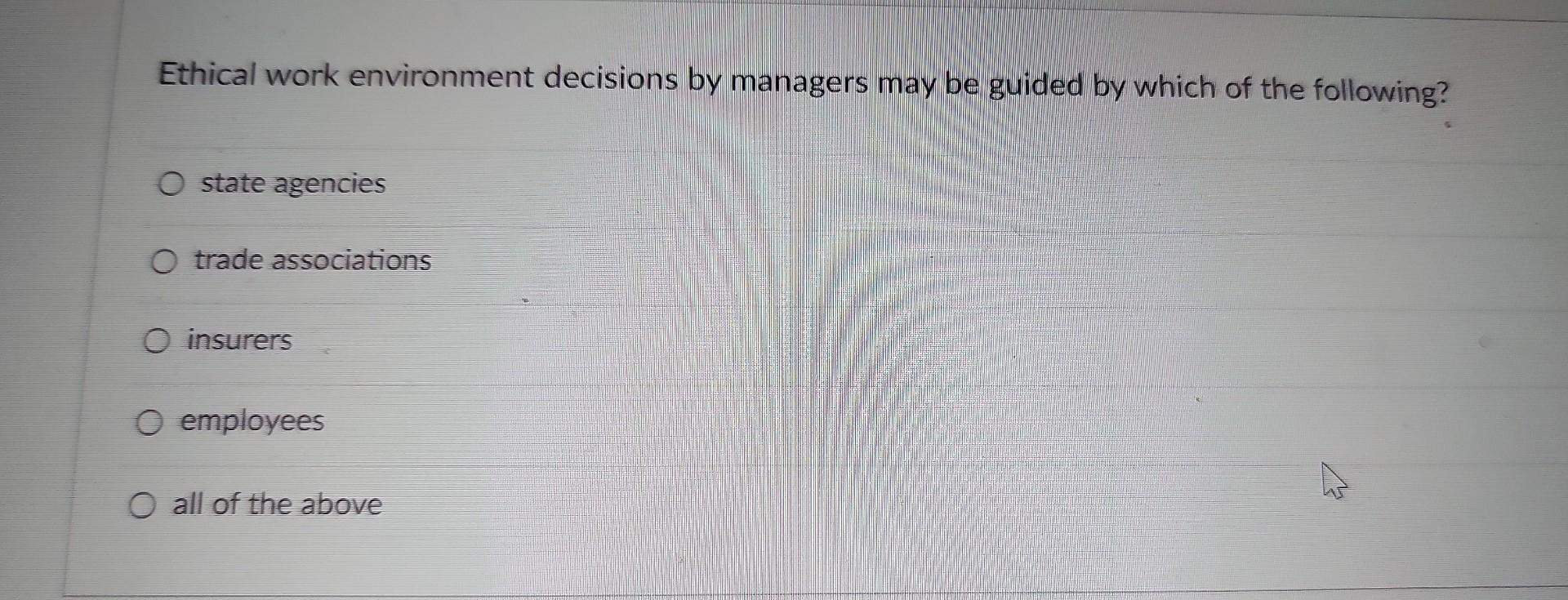 32 Ethical work environment decisions by managers may be guided by which