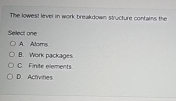 The lowest level in work breakdown structure contains the Select one: