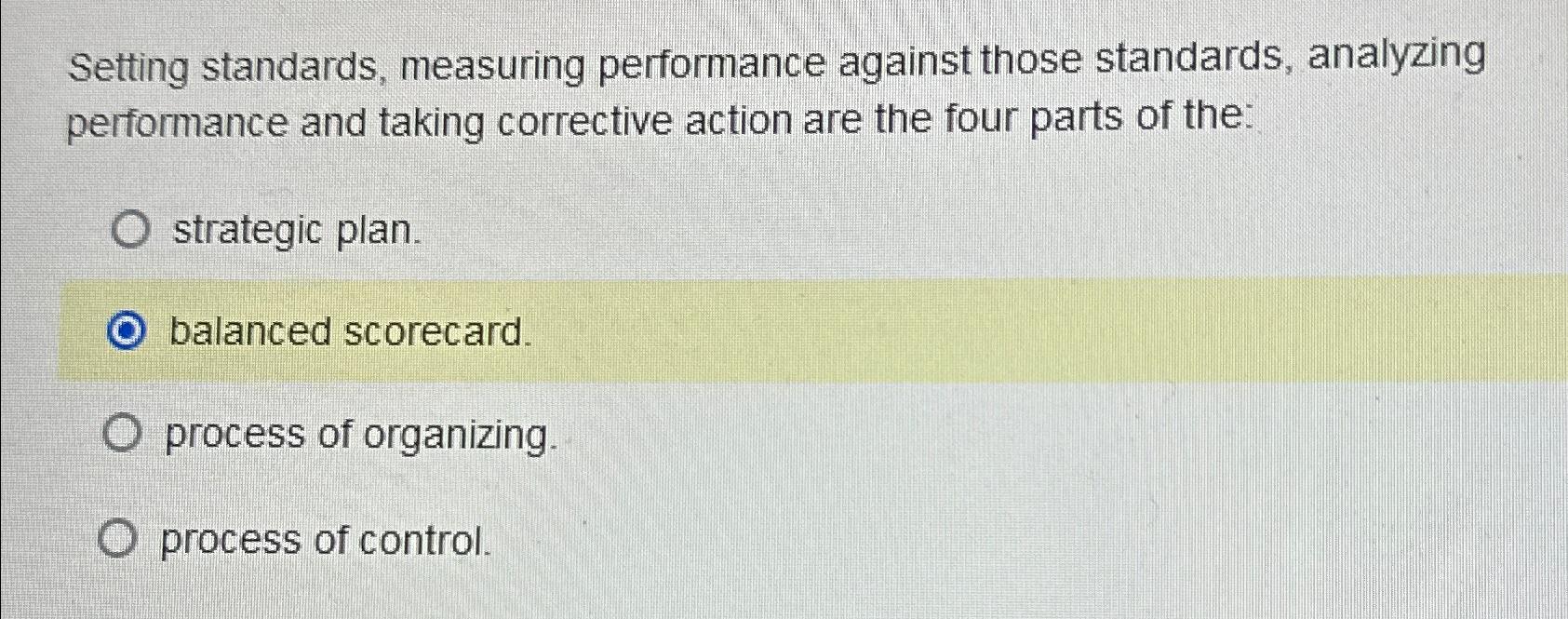  Setting standards, measuring performance against those standards, analyzing performance and taking
