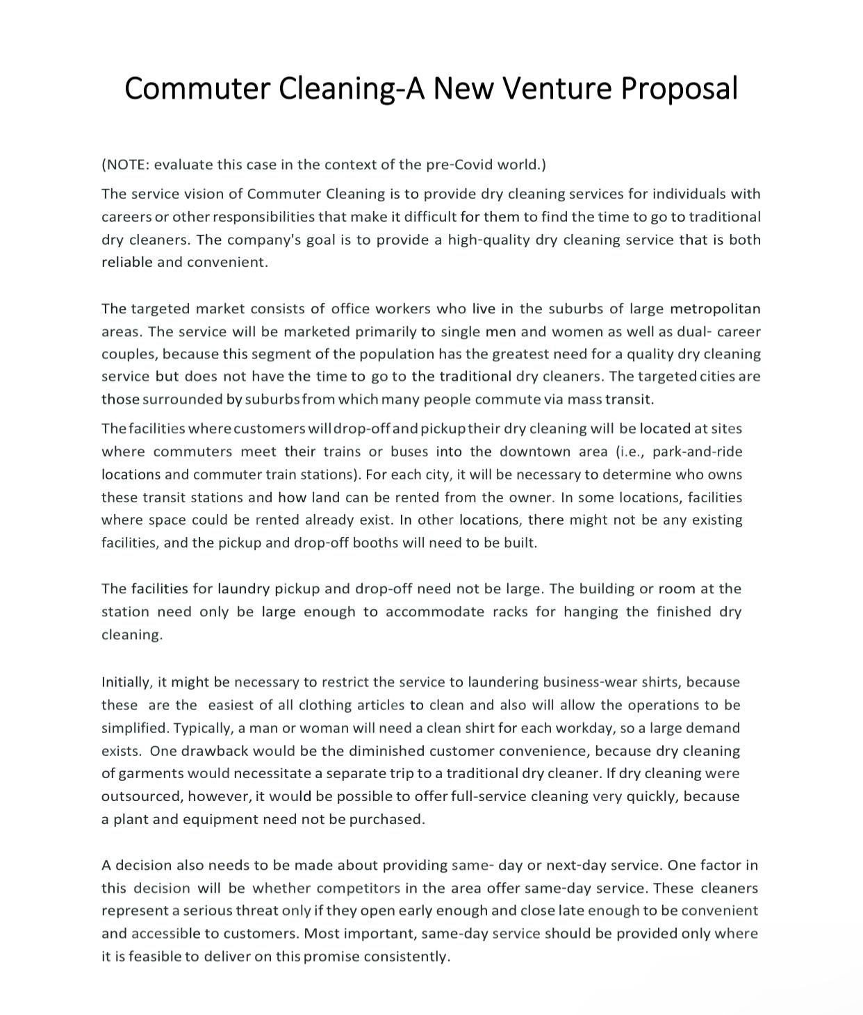  Commuter Cleaning-A New Venture Proposal (NOTE: evaluate this case in the
