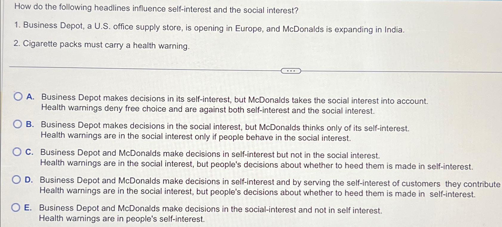  How do the following headlines influence self-interest and the social interest?