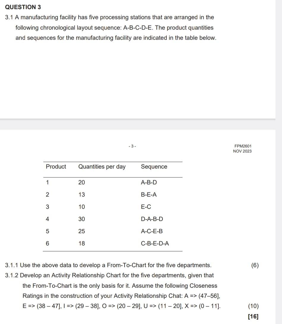  QUESTION 3 3.1 A manufacturing facility has five processing stations that