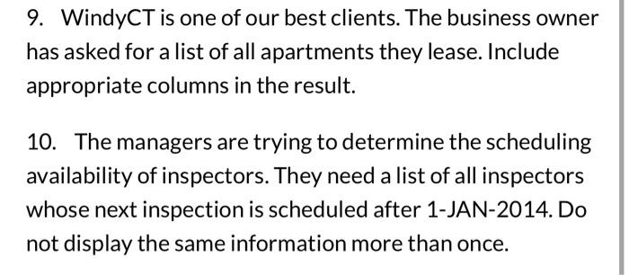Provide the list. 2. A client is interested in renting an apartment