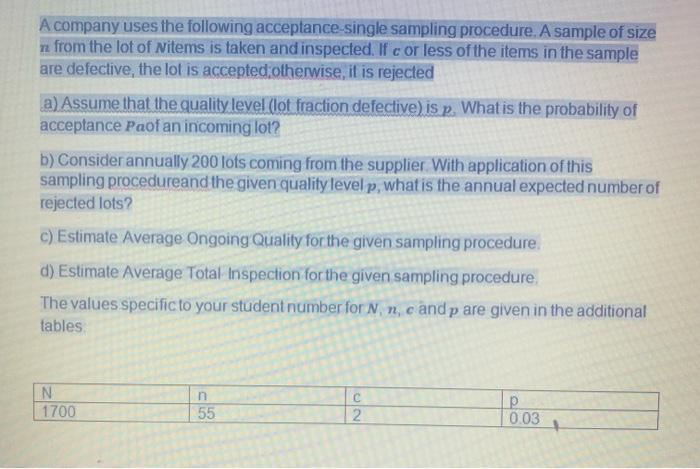 A company uses the following acceptance-single sampling procedure. A sample of