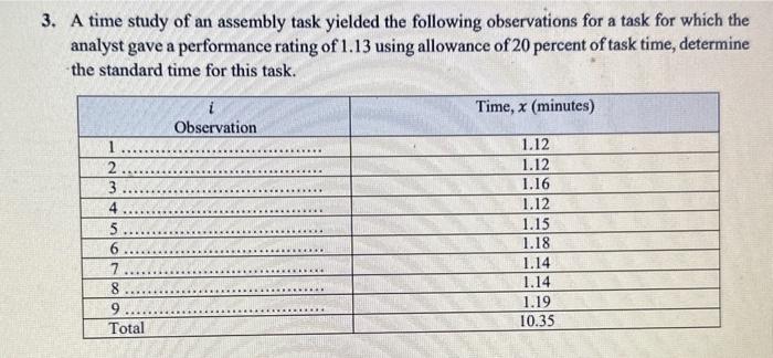  3. A time study of an assembly task yielded the following