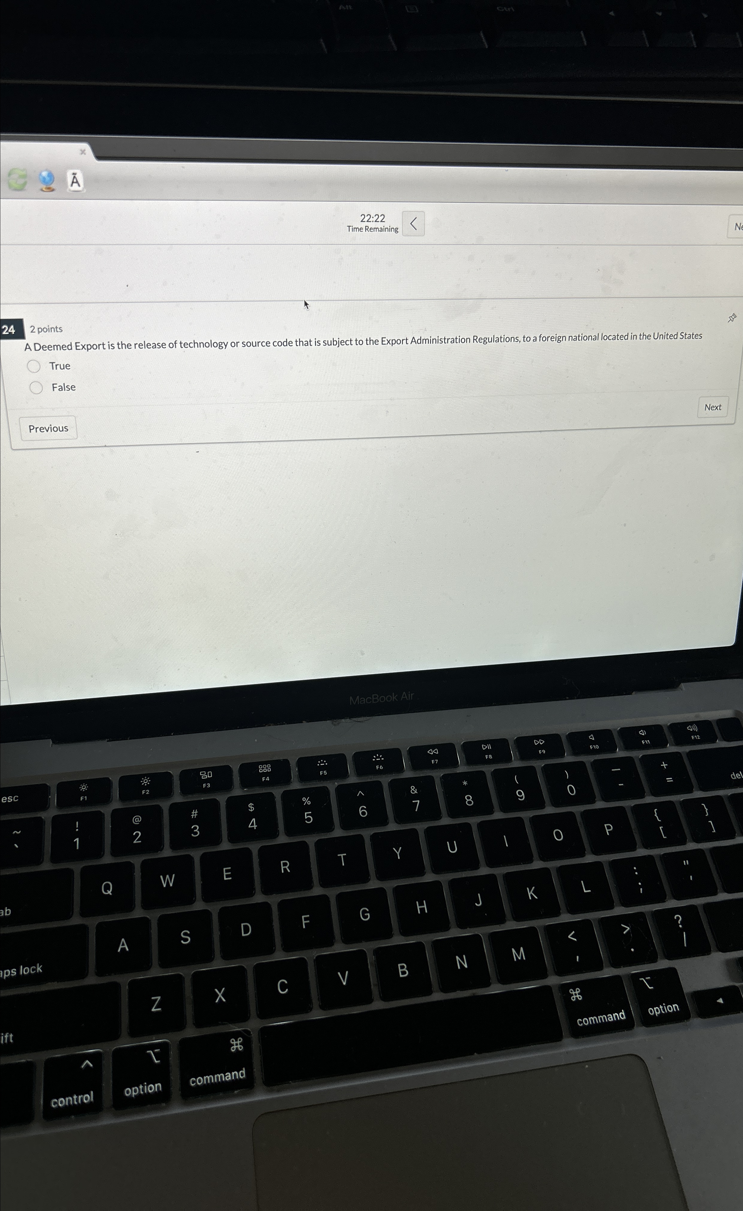  A 22:22 Time Remaining N 24 2 points A Deemed Export