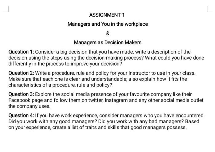  ASSIGNMENT 1 Managers and You in the workplace \& Managers as