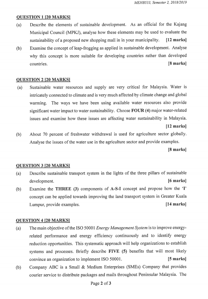  QUESTION 1[20 MARKS] (a) Describe the elements of sustainable development. As