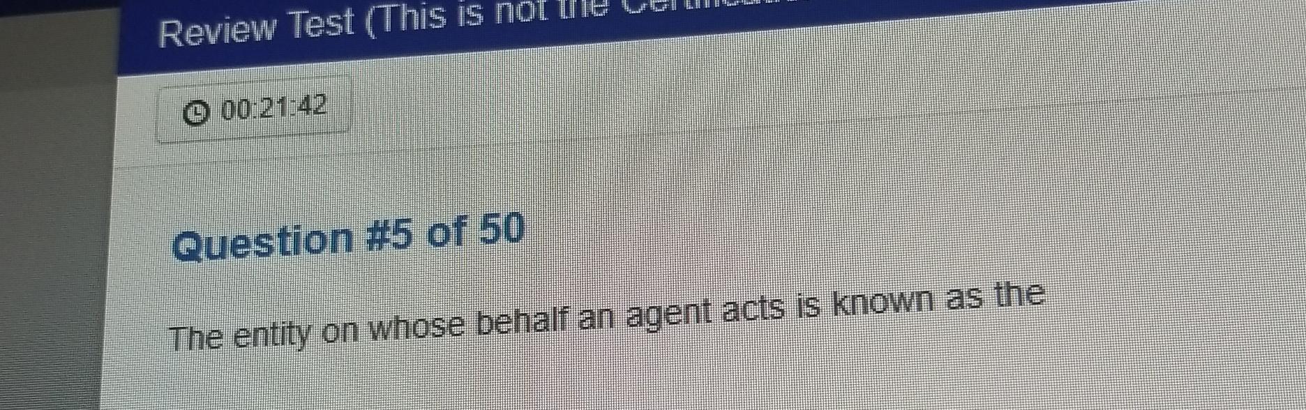  Review Test (This is not une 00:21:42 Question #5 of 50