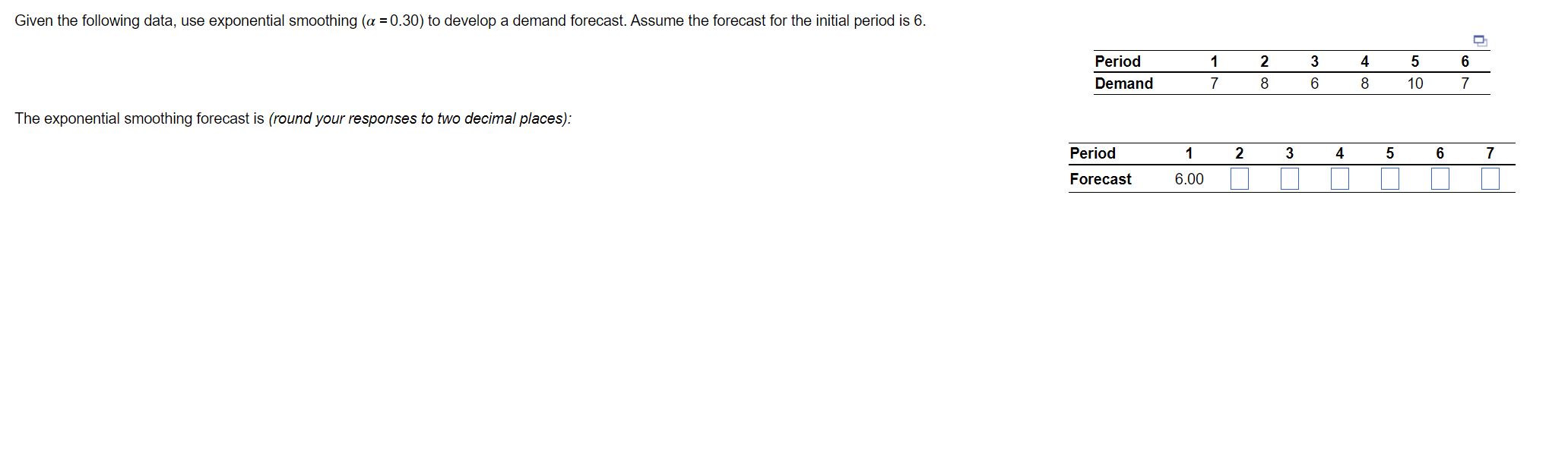  Given the following data, use exponential smoothing (=0.30) to develop a