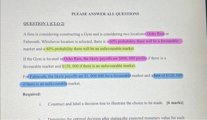  PLEASE ANSWER ALL QUESTIONS QUESTION 1 [CLO 2] A firm is