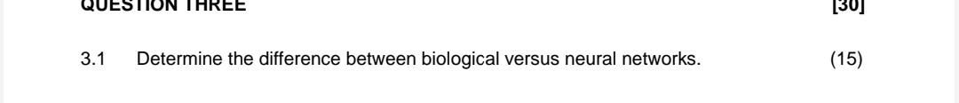 3.1 Determine the difference between biological versus neural networks. (15