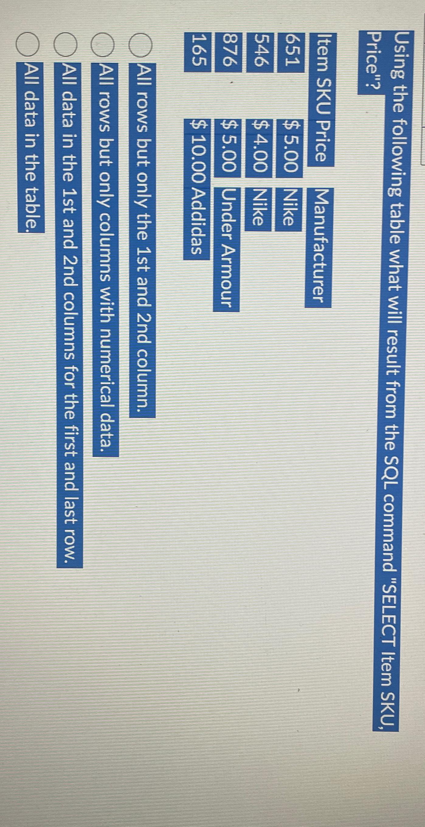  Using the following table what will result from the SQL command
