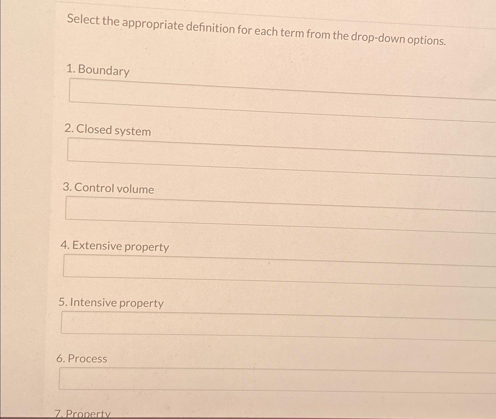  Select the appropriate definition for each term from the drop-down options.