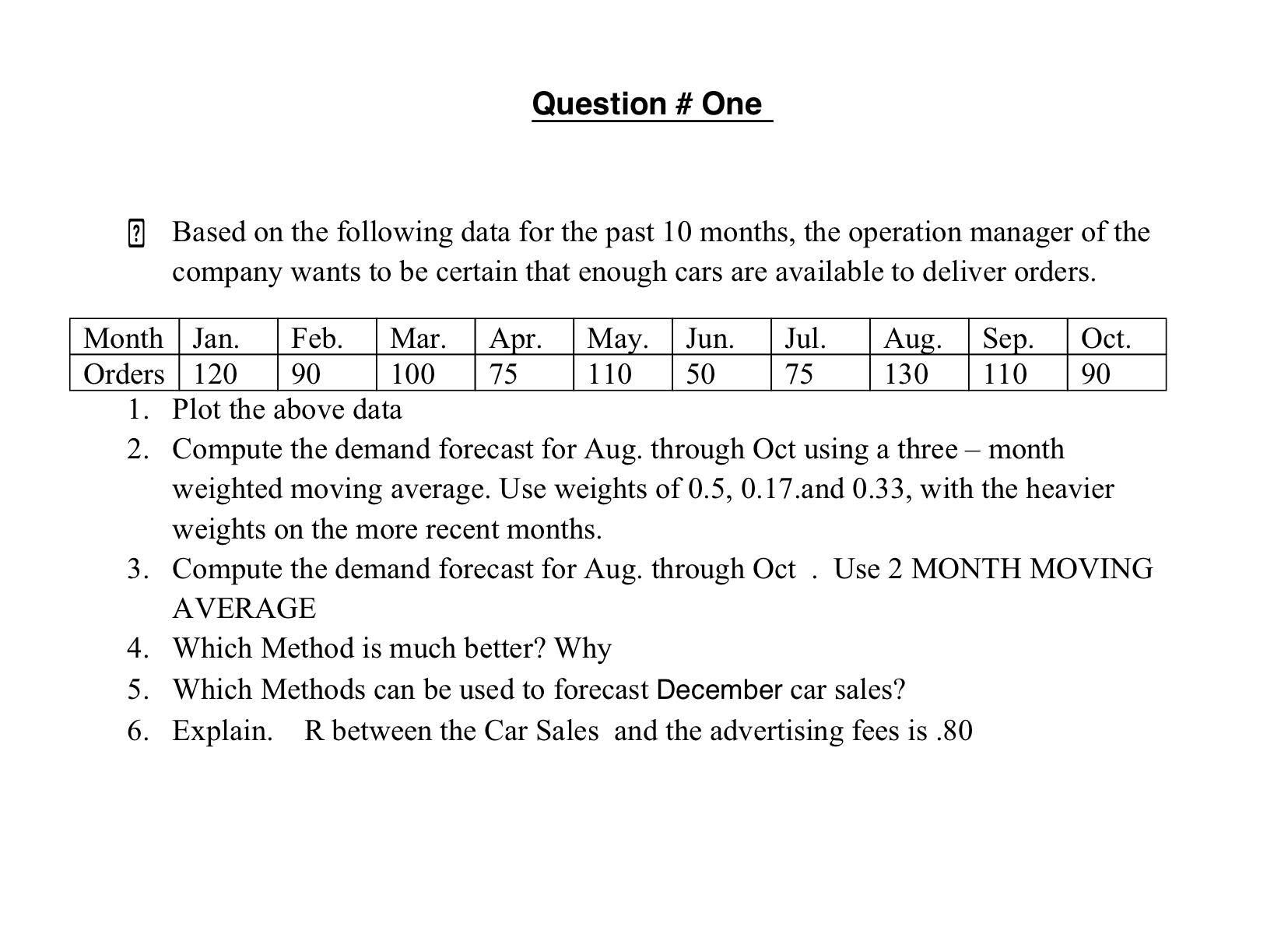  [?] Based on the following data for the past 10 months,