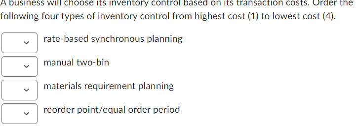  A business will choose its inventory control based on its transaction
